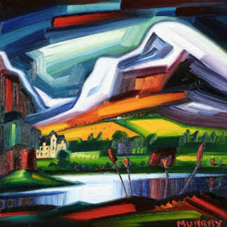The image is a vibrant, expressionist painting depicting a mountainous landscape with a house, trees, and figures near a body of water. By Raymond Murray